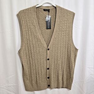 Kallspin 3XL Tall Cable-knit 45% Wool Blend Cardigan Sweater Vest in Coffee